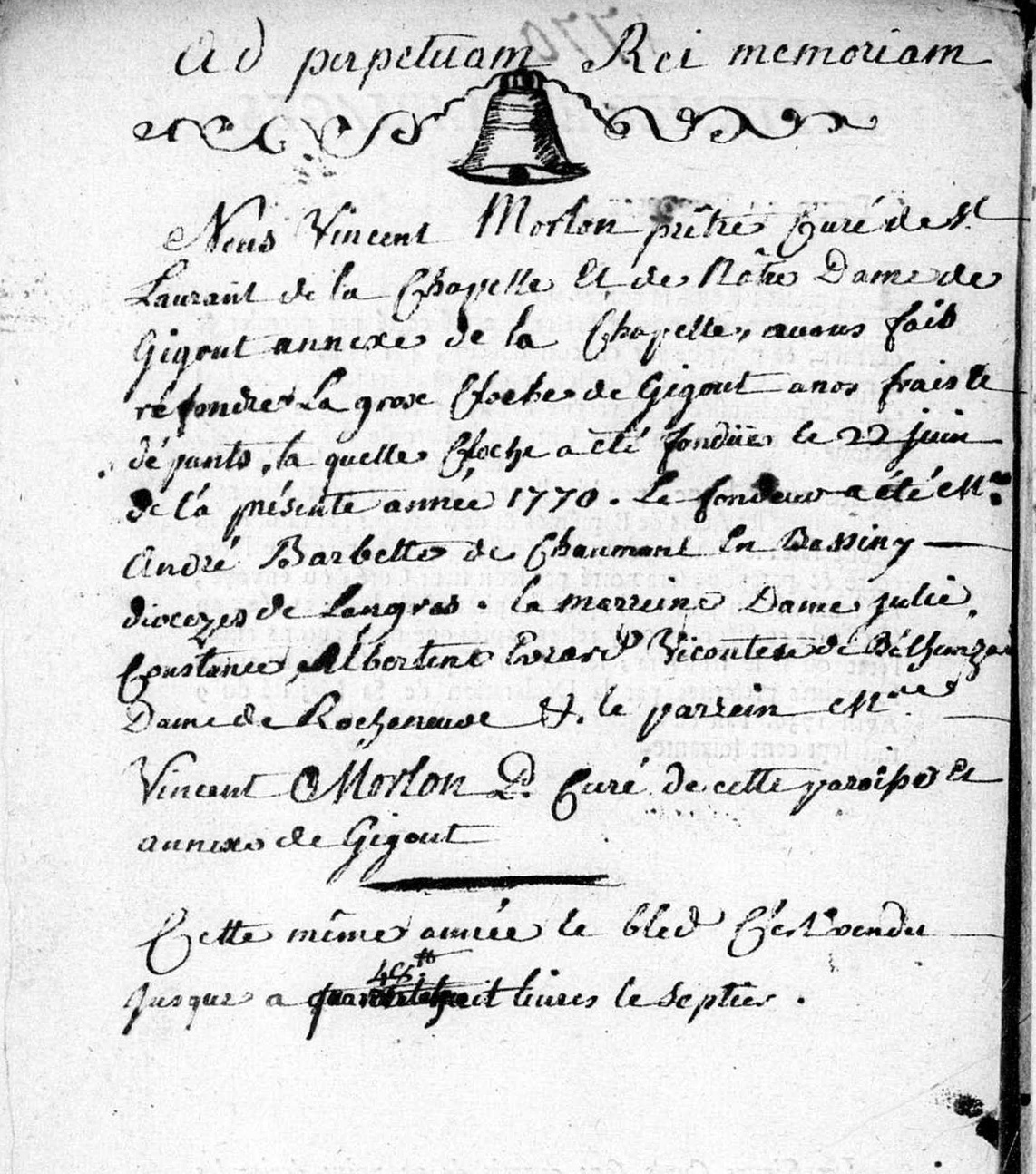 Baptême de cloche  22/06/1770 Lépaud, Creuse, France