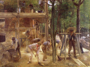 Huile sur toile d’Edouard Dantan, Limousins construisant une maison rue des Ecoles à Saint-Cloud, 1888